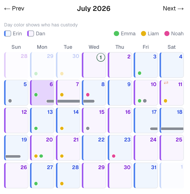 FairLedger month view: custody weeks color-coded blue and purple, with a legend and event dots