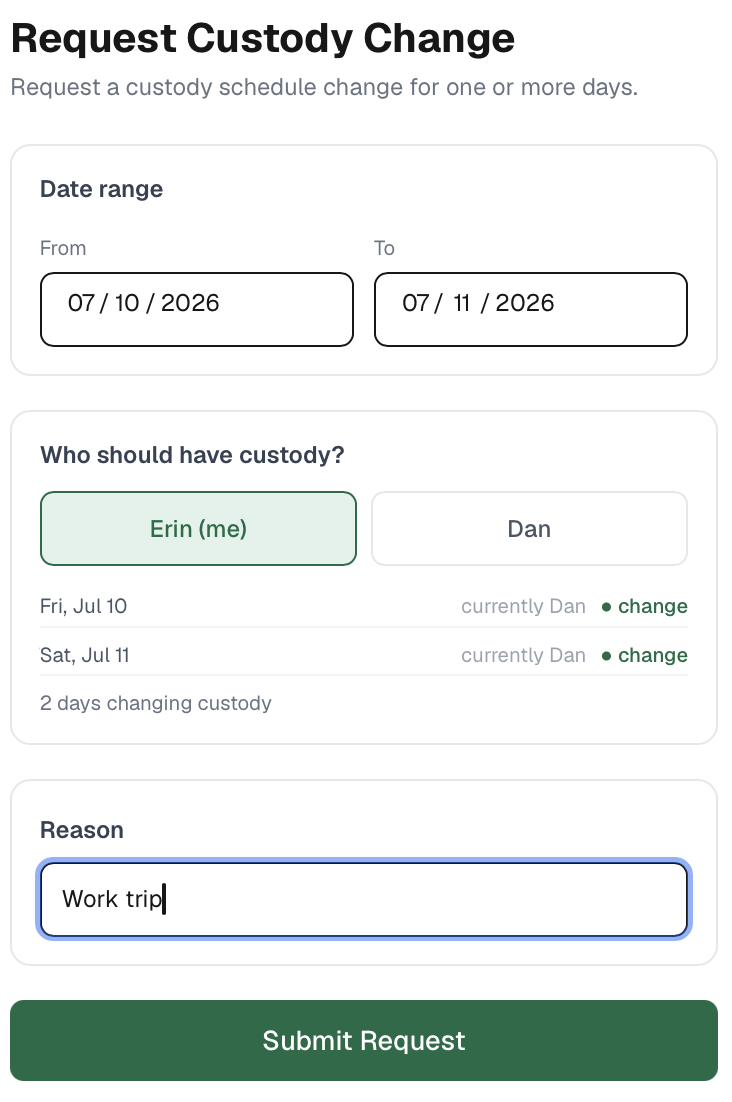 A custody swap request in FairLedger, edged in orange, showing the reason and a pending status