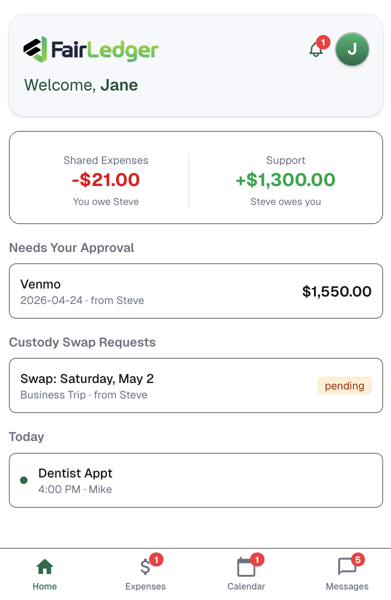Dashboard showing balance cards, pending expenses, and today's events