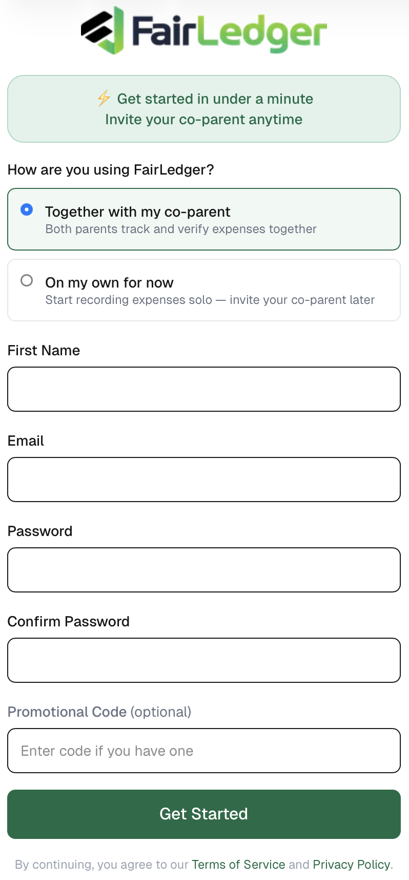 Create family signup screen