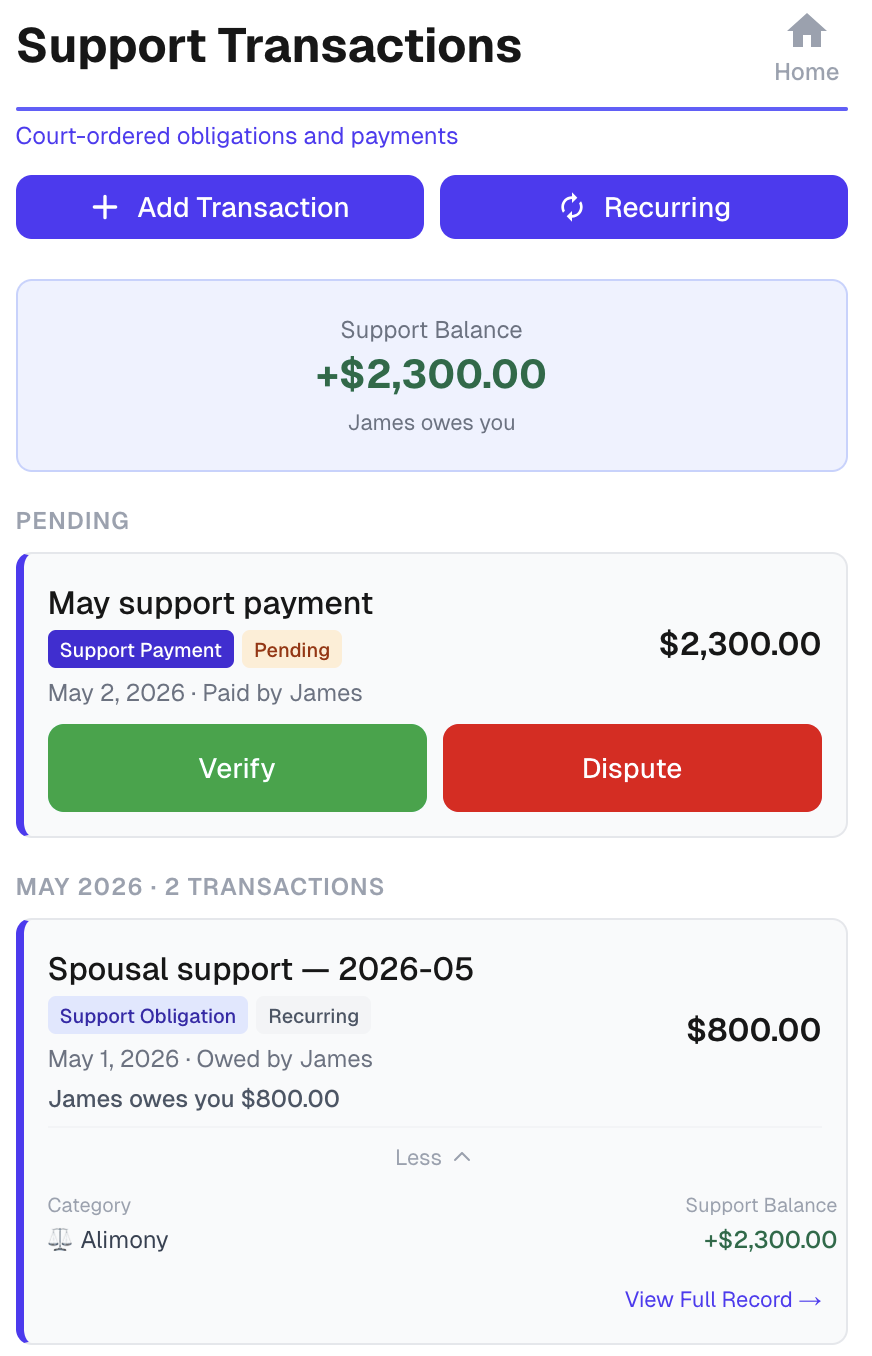 Pending support payment showing Verify and Dispute buttons