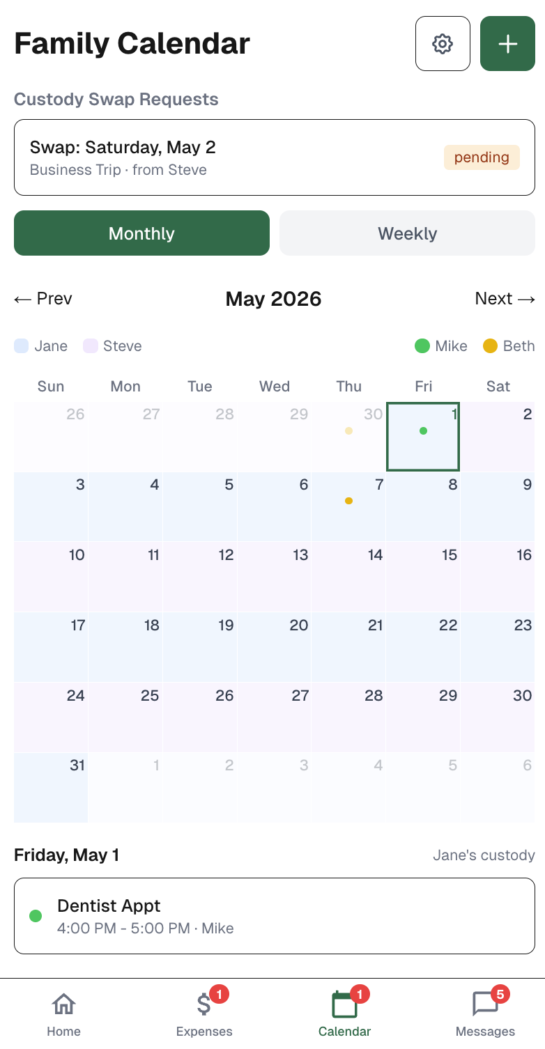 Calendar with custody colors and events