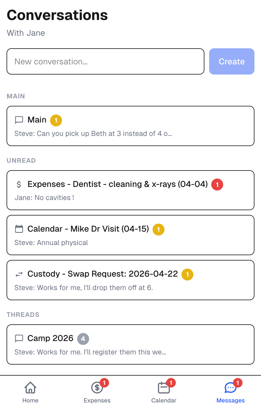 Conversations hub showing Main thread and expense threads