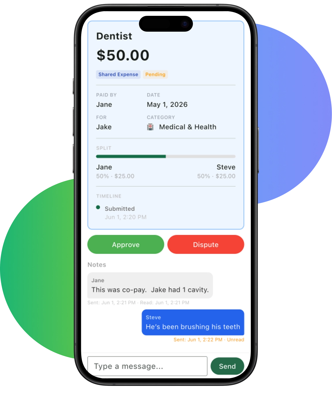 FairLedger app screen showing transaction details and contextual messaging