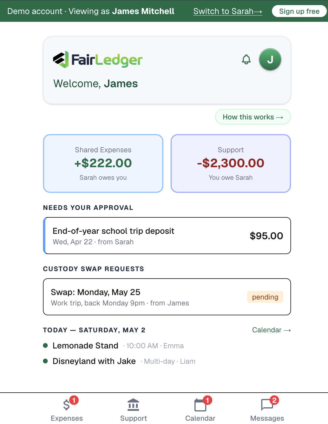 FairLedger demo account showing shared expenses, custody swap requests, and today's schedule