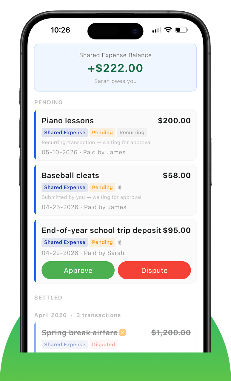 FairLedger app screen showing running balance, dual ledgers, and transaction history